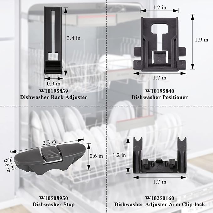Funmit W10350376 Dishwasher Top Rack Adjuster Part Repair Kit (10pcs) with Upgraded W10195840 & W10195839 & W10250160 & W10508950 Upper Parts Replacement for Whirlpool Kenmore Dishwasher