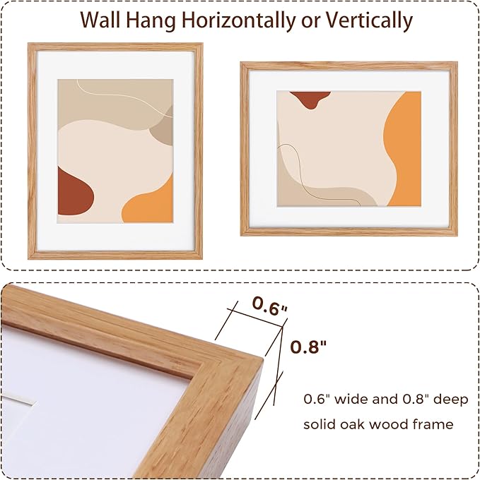 Fun Memories 11x14 Picture Frame, Solid Oak Wood 11 x 14 Photo Frames for Wall, 11 by 14 Frames with Tempered Real Glass, 11x14 Picture Frame with Mat for 8x10, Wooden Wall Gallery 11 x 14 Frame Set