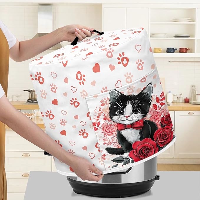 Cat Rose Heart Love Print Dust Cover for 3 Quart Instant Pot, Dust Proof Pressure Cooker Cover Valentine's Day Decoration Electric Appliance Cover Air Fryer Accessories with Pocket and Handle