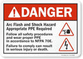 SmartSign - U1-1082-ND_10x7 Adhesive Vinyl Label, Legend "Danger: Arc Flash and Shock Hazard PPE Required" with Graphic, 7" high x 10" wide, Black/Red on White