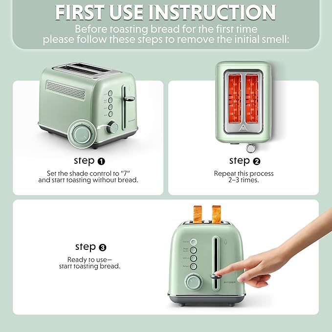BUYDEEM DT620 2-Slice Toaster, Extra Wide Slots, Retro Stainless Steel with High Lift Lever, Bagel and Muffin Function, Removal Crumb Tray, 7-Shade Settings,Cozy Greenish