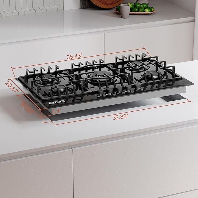 Empava 36 Inch Gas Stove Cooktop 5 Italy Sabaf Sealed Burners NG/LPG Convertible in Black Tempered Glass