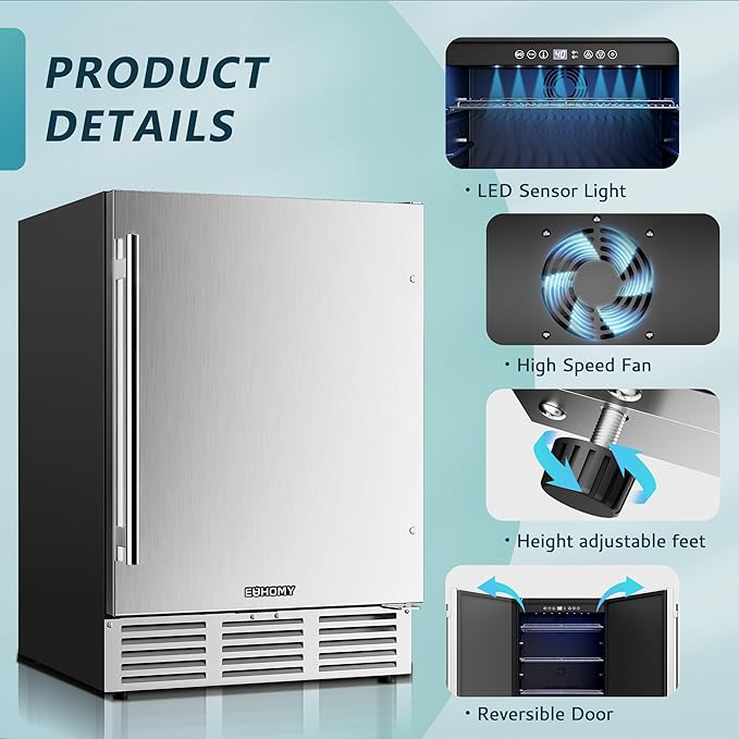 EUHOMY 24 Inch Beverage Refrigerator, Undercounter Beverage Fridge 180 Can with Stainless Steel Door for Home Patio, Beverage Cooler Built-in or Freestanding, outdoor refrigerator for Soda Beer Wine