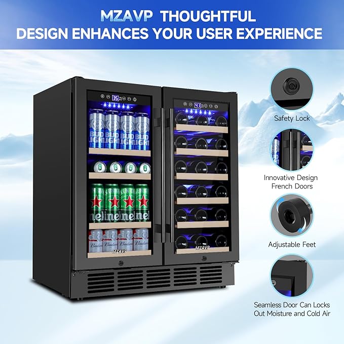 30 Inch Wine and Beverage Refrigerator, Dual Zone Wine Beverage Cooler, 30" Wine Cooler Under Counter or Freestanding Wine Beer Fridge with Upgraded Cooling, Holds 30 Bottles and 110 Cans, Black