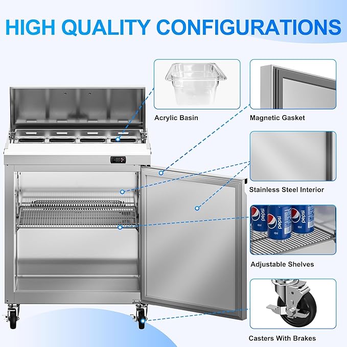 29" W Commercial Sandwich Salad Prep Table Refrigerator, 7.6 Cu.ft Single Door Stainless Steel Commercial Kitchen Refrigerated Equipment with 8 Pans for Restaurant, Bar, Shop, etc.