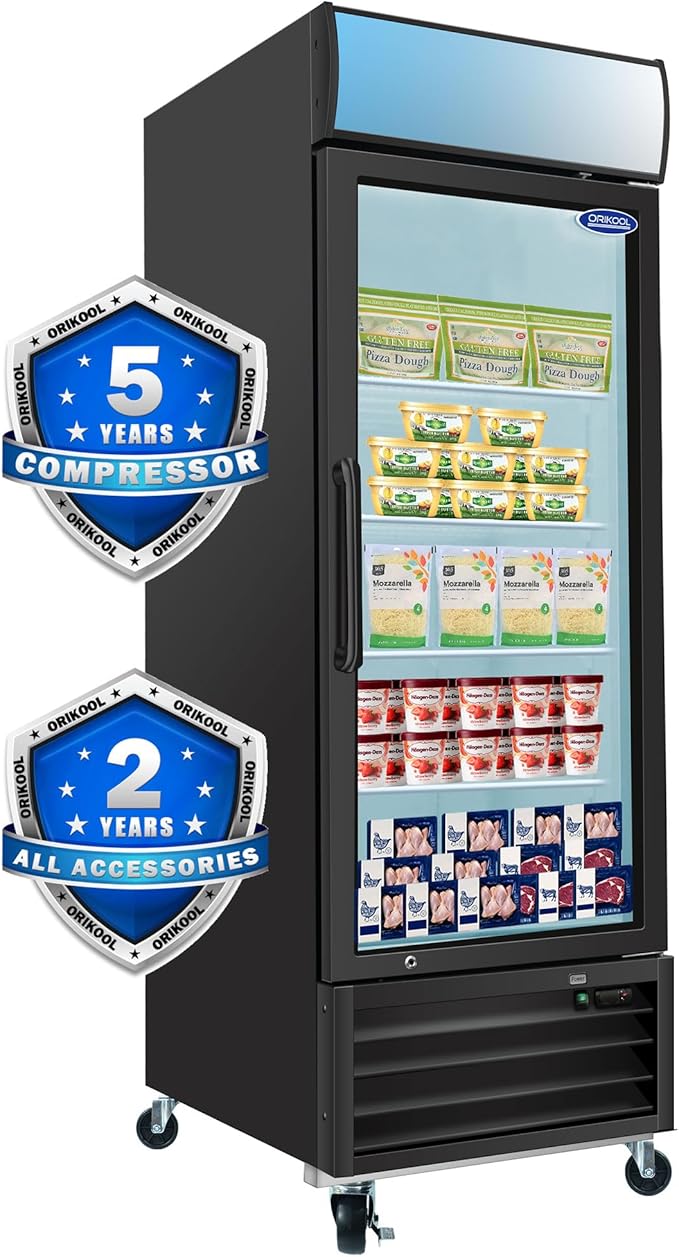mikibama Glass Door Merchandiser Freezer, 19.3 Cu.ft Swing Door Commercial Reach-In Display Refrigerator with LED Top Panel Upright Freeze Storage, Single Cabinet, Black
