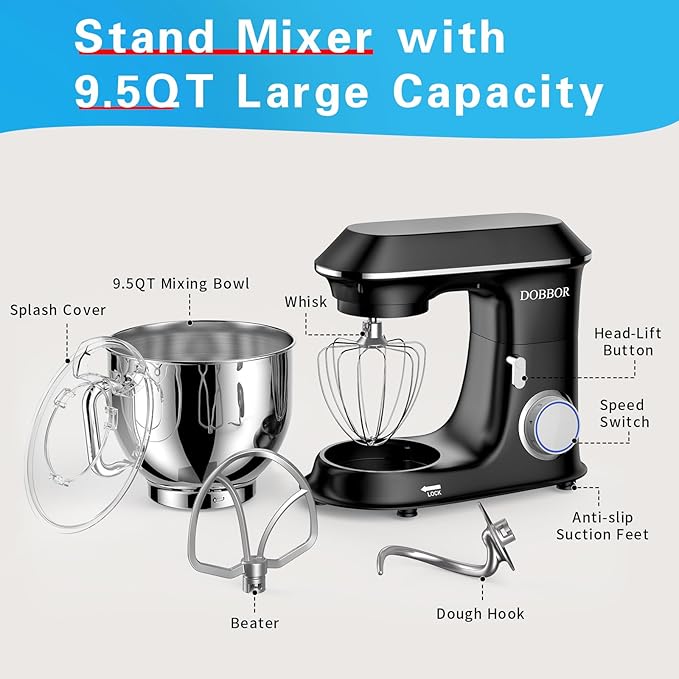 Electric Stand mixer, 9.5QT 660W 6 Speeds Tilt-Head Dough Mixers, Bread Mixer with Dough Hook, Whisk, Beater, Splash Guard for Baking Bread, Cake, Cookie, Pizza, Muffin, Salad and More (Black)
