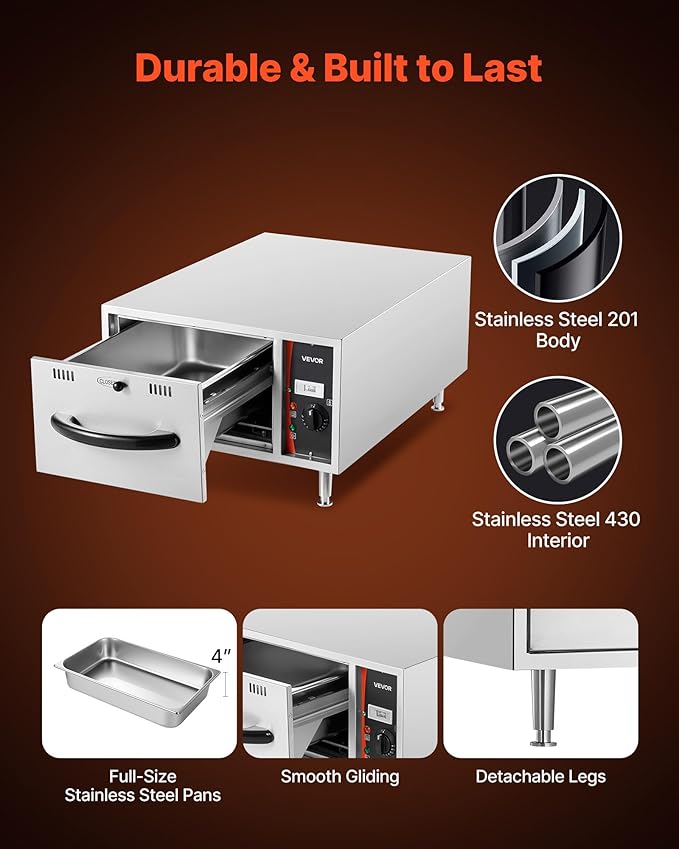 VEVOR Commercial Electric Drawer Warmer, Single-Drawer Stainless Steel Food Warmer, Freestanding Slim Warming Drawer Cabinet, 85°F–185°F Wide Temperature Range, for Restaurant, Hotel, Bakery & Kitchen