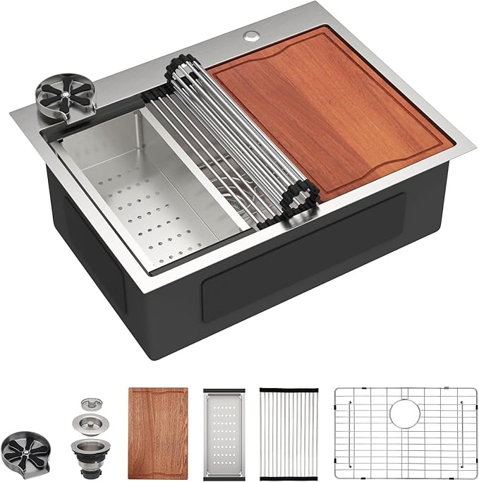 Dcolora 28 Inch Workstation Kitchen Sink with Cup Washer, Drop In Luxury Large Single Bowl, 304 Stainless Steel Heavy Duty 16 Gauge, 5 In 1 Valued Accessories #DC-TW258007S