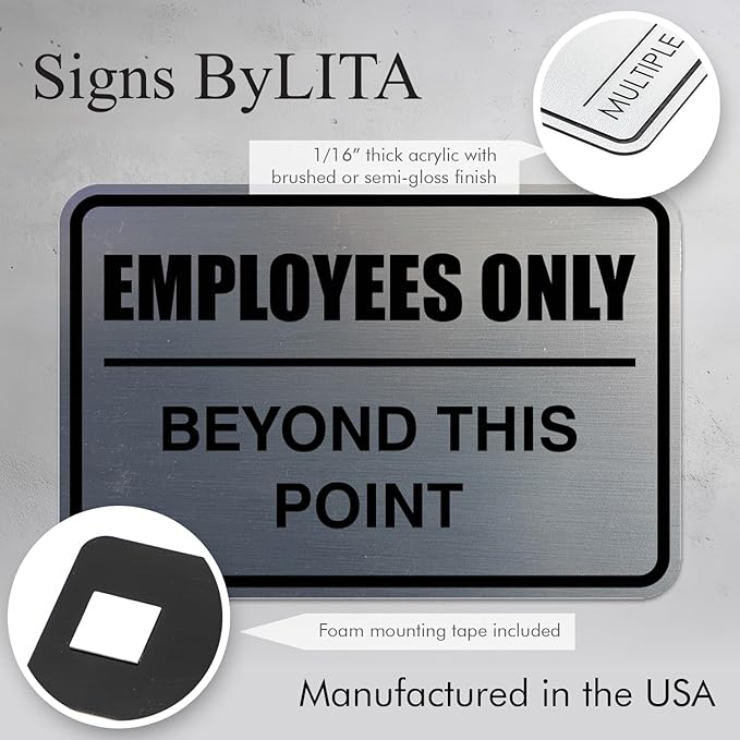 All Quality Classic Framed Employees Only Beyond This Point Wall or Door Sign | Easy to Install Business Signage - Small (Brushed Silver) 1 Pack