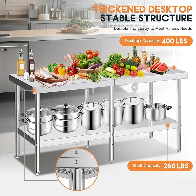 Jocisland 30" x 72" Stainless Steel Table for Prep & Work Adjustable Under Shelf and Feet, for Commercial Kitchen, Restaurant, Hotel and Garage