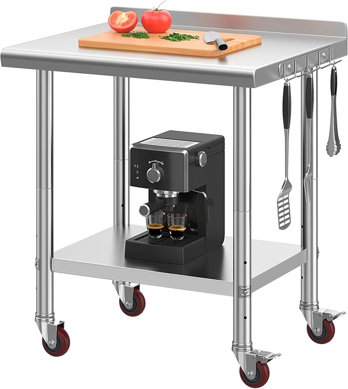 YITAHOME 30" x 24" Stainless Steel Table with Wheels for Prep & Work with Backsplash, NSF Metal Table Prep Table with Undershelf for Home Kitchen Restaurant Garage Warehouse