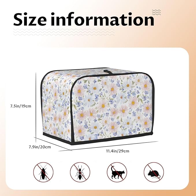 2 Slice Toaster Cover for Kitchen Flower Pastel Floral Waterproof and Dustproof Toaster Dust Cover with Side Pockets Decorative Universal Cover for Wide Slot Toasters and Small Appliances