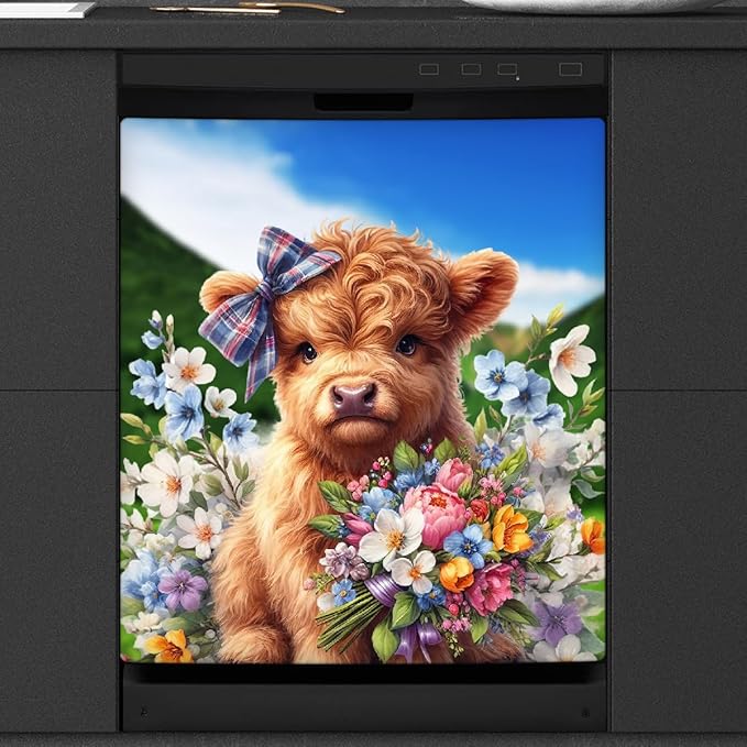 Dishwasher Magnet Cover Flower Highland Cow Cute Dishwasher Decorative Cover Front Dishwasher Door Cover Reuseable Dishwasher Cover Panel Decal for Kitchen Refrigerator Home Appliances 23" X 26"