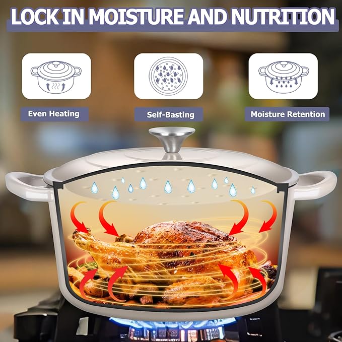 TeamFar Dutch Oven, 6QT Enameled Cast Iron Dutch Oven Cooking Pot with Lid & Dual Handles, for Bread Baking Braising Stewing, Heavy Duty & Non Stick, Oven & All Stovetops Safe - Khaki