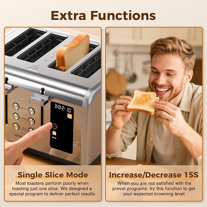 4 Slice Touch Screen Toaster, Easy-to-Use Digital Stainless Steel Toaster with Wide Slots, Reheat Defrost Cancel, Removable Crumb Tray, Silver