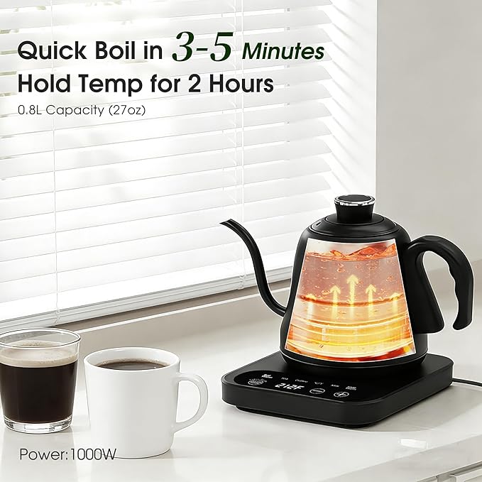 Gooseneck Electric Kettle Temperature Control: ±1℉ Precise Target & Keep Warm, Quick Heating 316L Stainless Steel Electric Kettles for Boiling Water, Pour Over Coffee, Brew Tea & Milk, 1000W/0.8L