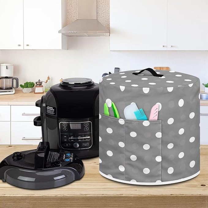 Small Appliance Covers for Air Fryer & Electric Rice Cooker, Grey Polka Dot Pressure Cooker Dust Covers for Kitchen Appliances 8 qt Accessories with Storage Pockets