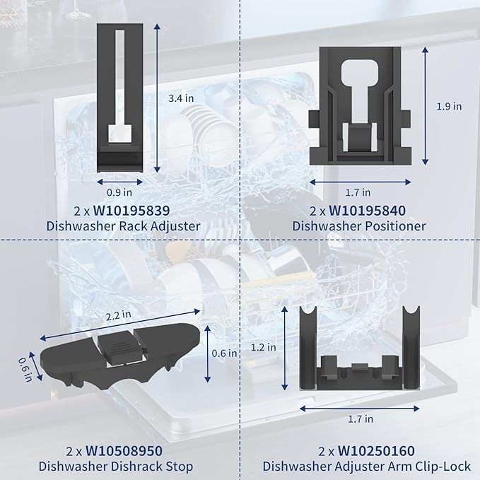 Upgraded W10350375 W10712395 Dishwasher Top Rack Adjuster Compatible with Whirlpool Dishwasher Parts, Includes W10195839 W10195840 10508950 W10250160 Part Replacement for kenmore Dishwasher, 10 PCS