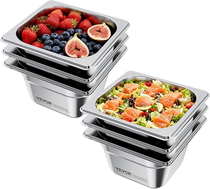 VEVOR 6 Pack Stainless Steam Hotel Pans, 1/6 Size Table Steam Pan, 4 Inch Deep, Anti Jam Restaurant Supplies Reusable Rustproof Catering Storage for Home, Party, Restaurant, Hotel, Buffet