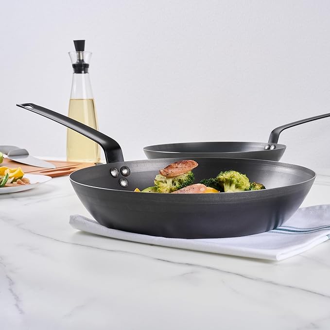 Met Lux 12 Inch Fry Pan, 1 Lightweight Frying Pan - Induction-Ready, Triple-Riveted, Black Carbon Steel Cooking Skillet, Durable, For Searing, Sauteing, And Browning Food - Restaurantware