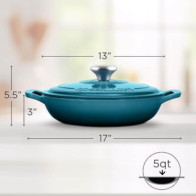 Signature Enameled Cast Iron Braiser, Non-Stick Serving Pot with Tight Fitting Lid for Perfect Roasting, Baking, Sauteing, Searing, and Pan Frying | 5Q (4.7L) - Ocean Blue
