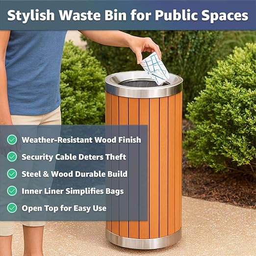 13.5 Gallon Round Outdoor Trash Can with Open Top - Commercial Steel and Wood Composite Decorative Waste Bin with Galvanized Liner - Garbage Container for Parks, Retail Stores, Public Transit Areas