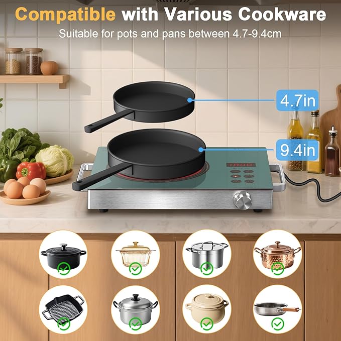 Single Burner Electric Cooktop 1800W, One Burner Electric Stove 110V, Countertop Electrics Burner with Knob & Touch Control, 180Mins Timer, 3 Cooking Mode & Safety Lock, 110V Plug in(Green)