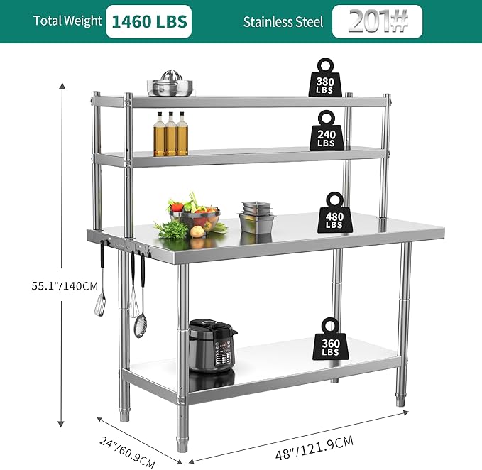YITAHOME NSF Stainless Steel Table with Overshelves, 48" X 24" Work Table with 48" X 12" Shelf, Metal Table Prep Table for Home Kitchen Restaurant Garage Warehouse