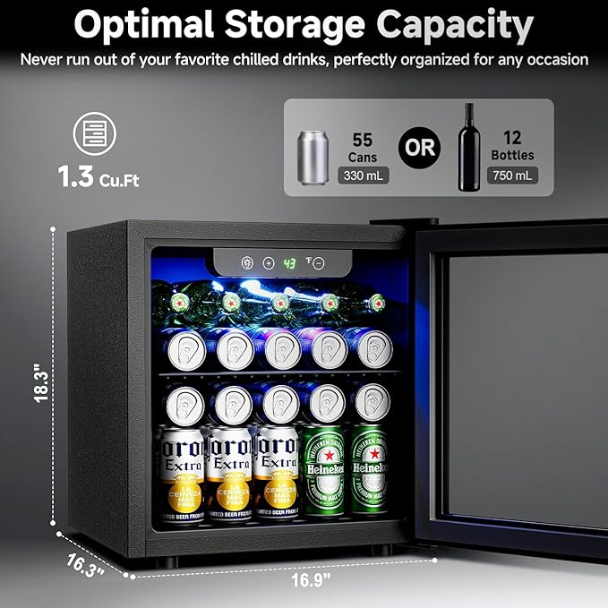 50 Can Beverage Refrigerator Cooler - 1.3 Cu.Ft Mini Fridge with Glass Door, Soda Beer Drink Wine Fridge, Countertop Small Refrigerator for Bedroom Office Home Dorm Bar, Black