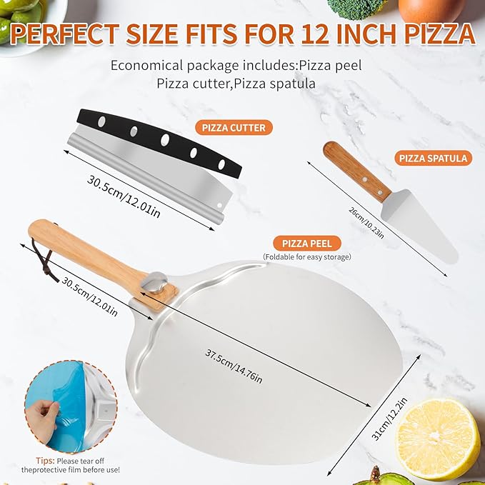12"x14" Aluminum Pizza Peel Set- Pro Pizza Paddle & Pizza Spatula with Foldable Wooden Handle & Rocker Cutter Compatible with Ninja/ooni, Complete Pizza Oven Accessories for Baking Bread/Dough/Pastry