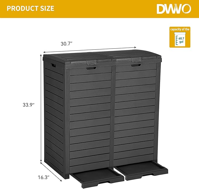 DWVO 76 Gallon Outdoor Resin Trash Can with Dual Lid and Drip Trays, 248 Quart Hideaway Garbage Bin for Porch, Backyard