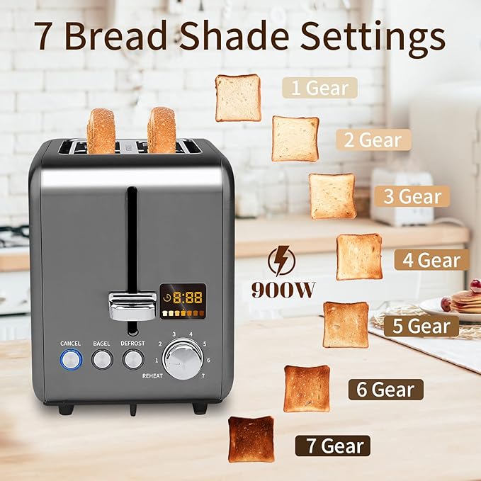 SEEDEEM Toaster 2 Slice, Stainless Steel Bread Toaster LCD Display, 7 Shade Setting, 1.4'' Wide Slots, Bagel/Defrost/Reheat Functions, Removable Crumb Tray, 900W, Dark Metallic