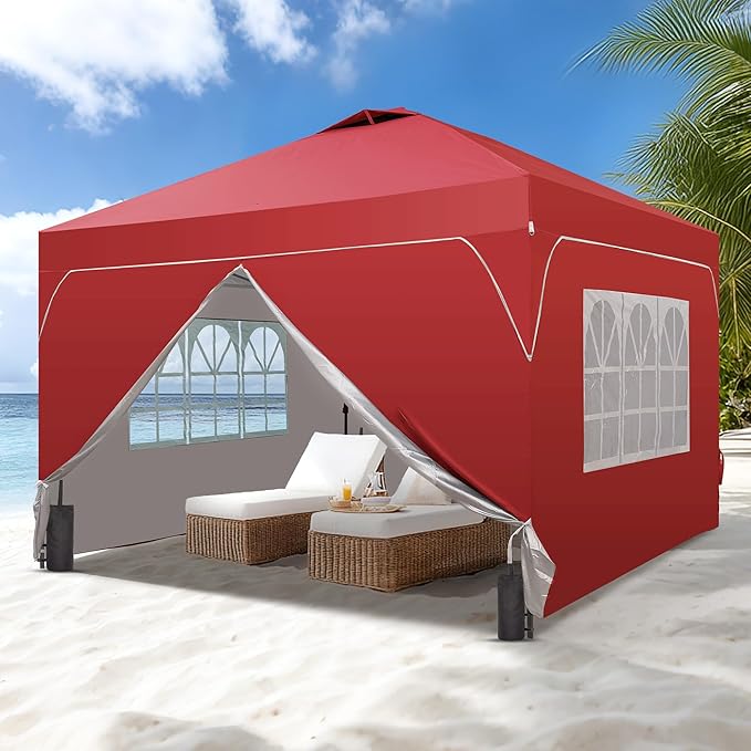 Saemoza 12x12 Pop Up Canopy Tent with One Push Setup, Outdoor Sun Shade Canopy with Vent Top for Backyard Party, Easy Up Instant Shelter with 4-Sandbags & Wheel Bag, Red.