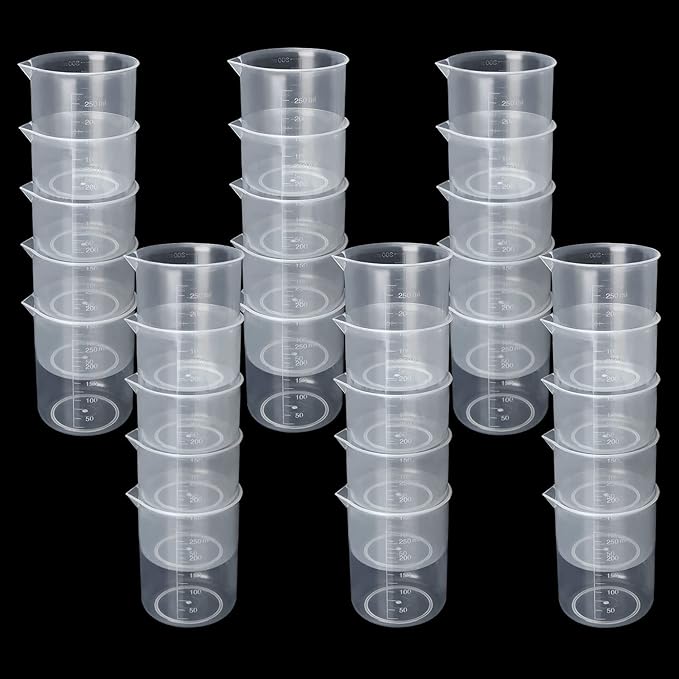 HNBun 30 Pack 250ml Plastic Graduated Beakers - Clear Mixing Cups with Dripless Spout & Embossed Scale for Epoxy Resin, Paint, Science Lab & Kitchen Use