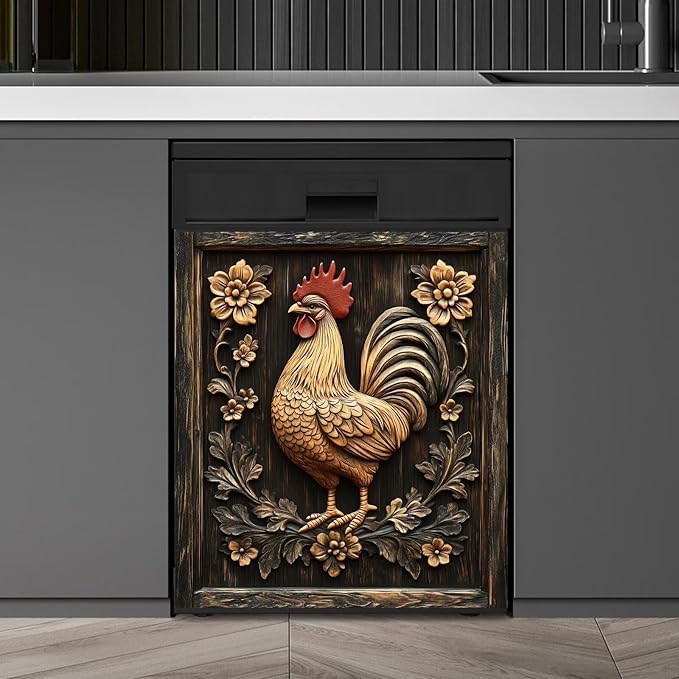 Rustic Farmhouse Rooster Dishwasher Magnet Cover,Vintage Rooster Wood Floral Magnetic Dishwasher Cover Vinyl Sticker,Fridge Door Cover Magnets Art Skin Panel Decal,Home Decor Decal,23"X26"