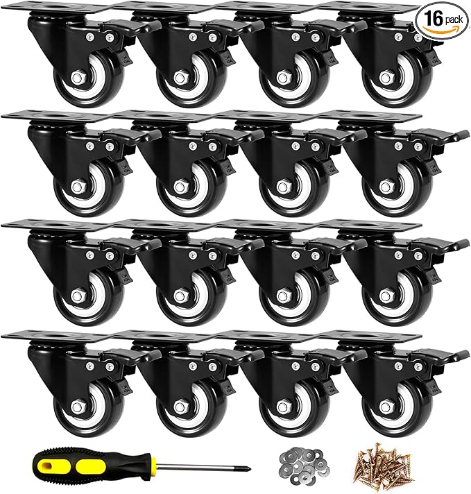 2 inch Casters Set of 16 Heavy Duty - CLOATFET Locking/Swivel Caster Wheels with Brake (Top Plate), Non Marking Black Castor Wheels for Cart Furniture Workbench