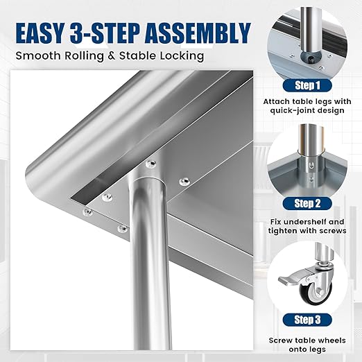 Stainless Steel Work Table with Wheels, 30x60 Inch NSF Food Prep Table with Backsplash & Adjustable Undershelf for Commercial Kitchen, Restaurant, Garage
