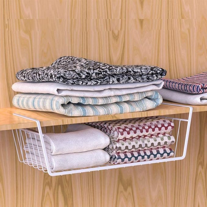 Modern Home Under Shelf Wire Storage Baskets – Hanging Organizer Rack for Cabinet, Pantry, or Closet – White Metal Basket for Kitchen, Towels, or Office – No Tools Required (15")