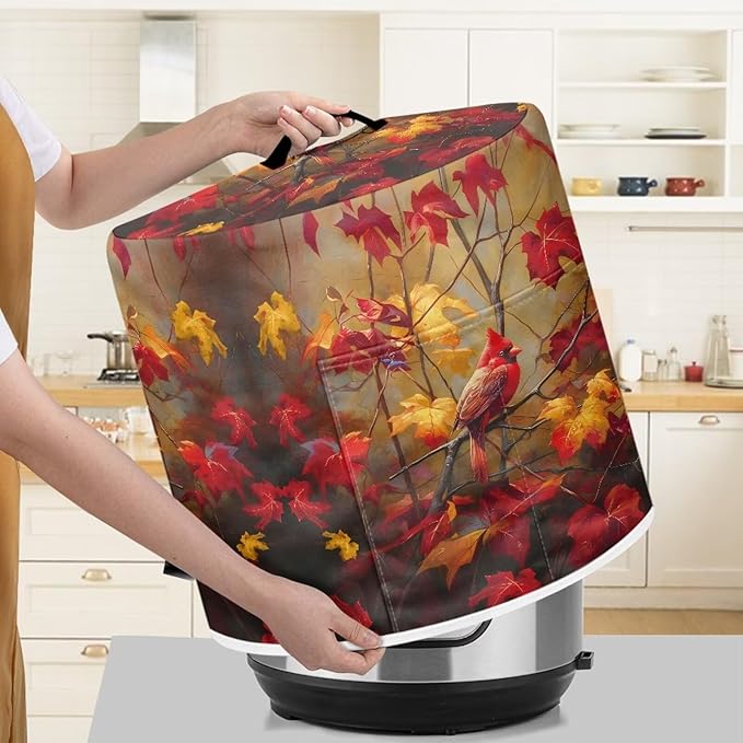 Xoenoiee Cardinal Bird Kitchen Appliance Dust Cover with Pockets, Maple Leaf Print Electric Pressure Cooker Cover Compatible with Crock Pot, Rice Cooker Covers Fall Decor, for 3 Qt Pot
