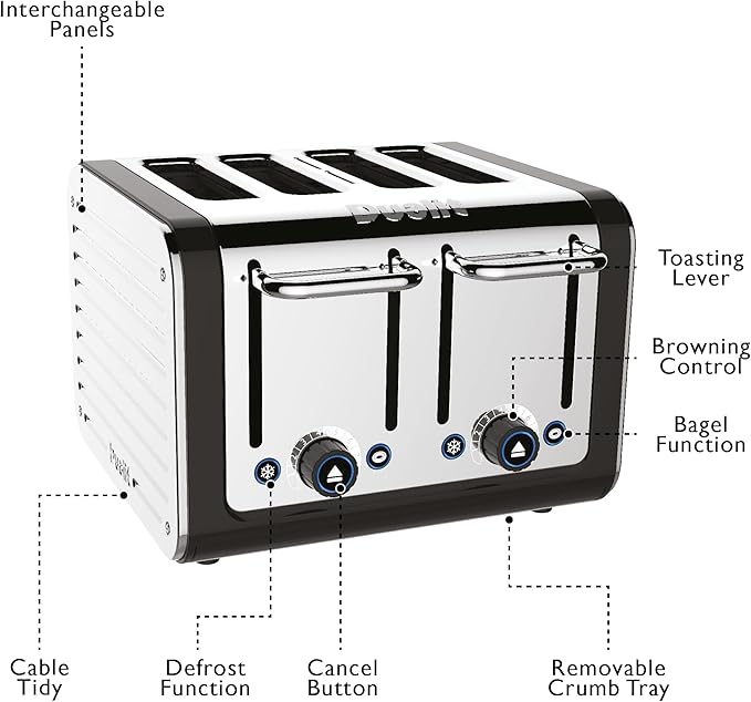 Dualit Design Series 4 Slice Toaster | Polished Stainless Steel with Black Trim | Extra-Wide Slots – Peek and Pop Function – Patented Perfect Toast Technology – Matching Kettle Available