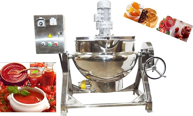 26Gal Commercial Jacketed Kettle with Stirrer Stainless Steel Tilting Stirring Jacketed Kettle for Food Processing Electric Heating 220V 60HZ 3-Phase 1.1KW
