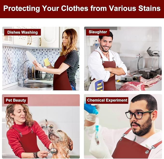 Waterproof Rubber Aprons for Women, Heavy Duty Vinyl Dishwasher Apron Adjustable Cross Back Strap for Dishwasher, Butcher, Dog Grooming, Chemical Resistant, 43" Long Thicker Apron Red