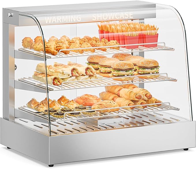 ROVSUN 26" Commercial Food Warmer Display Pizza Warmer, 3-Tier Electric Countertop Food Warmer w/LED Lighting Adjustable Removable Shelves Glass Door, Pretzel Warmer for Buffet Restaurant, Silver
