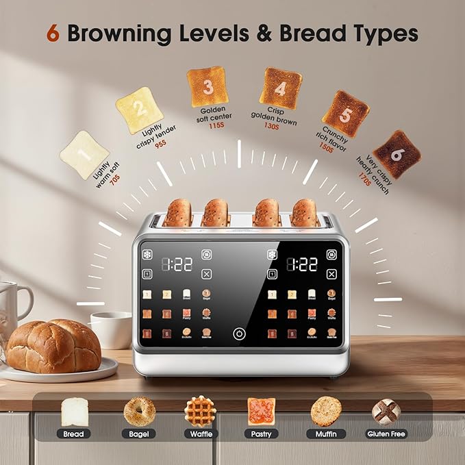 4 Slice Toaster Wide Slot– Dual Digital TouchScreen & Independent Control Panel | Single-Slice Modes/Reheat/Defrost | 1800W Stainless Steel Toaster for Bagels & Artisan Bread