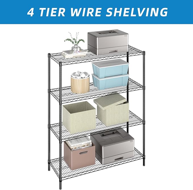4-Shelf Adjustable Metal Shelf Wire Shelving Unit Heavy Duty Storage Rack Display Shelf for Office,Kitchen,Bedroom,Bathroom,Laundry,Pantry Basement,Garage(Black,48" L x 18" W x 62" H)