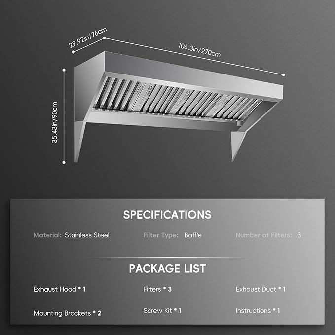 9FT Commercial Kitchen Exhaust Hood, Wall Mount Stainless Steel Vent Hood with 2 Detachable u-Shaped Filters, Rust-Resistant Food Truck & Restaurant Range Hood for Concession Trailer Cooking Station