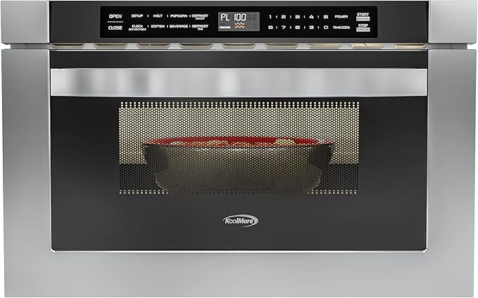 KoolMore 24 Inch Stainless-Steel Microwave Drawer with 1.2 cu. ft. Capacity, 1000W Power with 10 Custom Cooking Levels, Memory, and Timer Functions, Wall-Mounted with Flat Bottom (KM-MD-1SS)