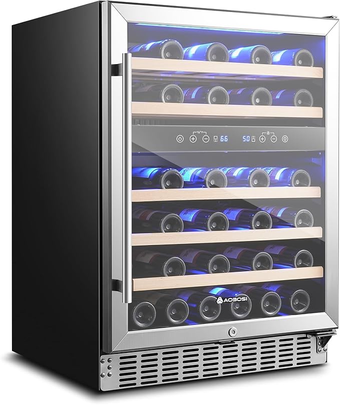 AAOBOSI Upgraded 24 Inch Wine Fridge, 48Bottles Wine Cooler with Dual Zone, Freestanding and Built-in Wine Refrigerator with Adjustable Shelves and Safety Lock, Double-Layer Glass Door, LED Light