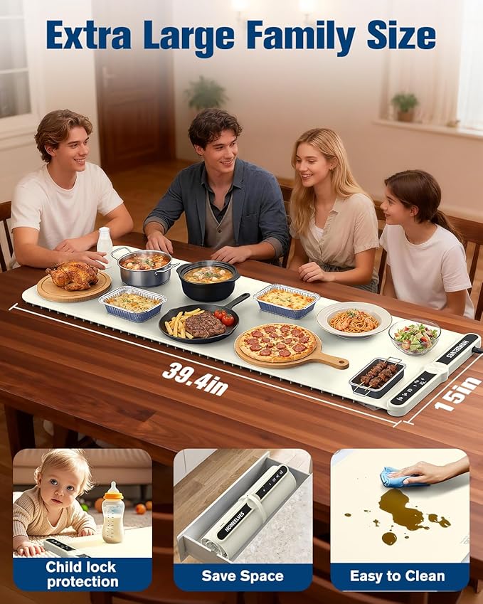 Warming Mat for Food Extra Large 39.4”X15”, 8S Rapid Heating Electric Warming Tray with 9 Temp Setting and 6H Timer, Food Warming Pad, Portable Food Warmers for Parties Buffet, Beige